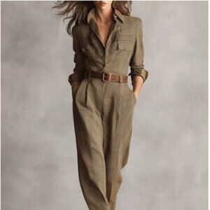 Brand new Women's Brown Sophisticated Tweed Plaid Jumpsuit - unopened Size L